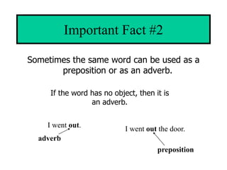 Important Fact #2

Sometimes the same word can be used as a
       preposition or as an adverb.

     If the word has no object, then it is
                 an adverb.


    I went out.             I went out the door.
  adverb
                                      preposition
 
