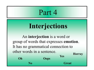 Part 4
         Interjections
      An interjection is a word or
group of words that expresses emotion.
It has no grammatical connection to
other words in a sentence.          Horray
                            Yes
   Oh             Oops
         No                   Great
 