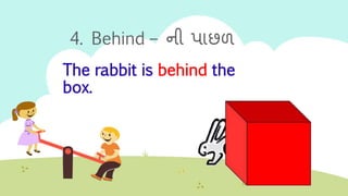 4. Behind â àȘšà« àȘȘàȘŸàȘàȘł
The rabbit is behind the
box.