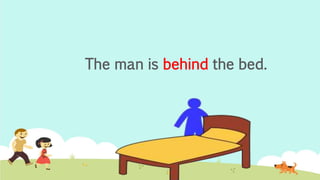 The man is behind the bed.