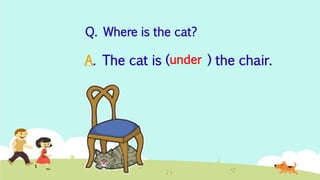 Q. Where is the cat?
A. The cat is ( ) the chair.under