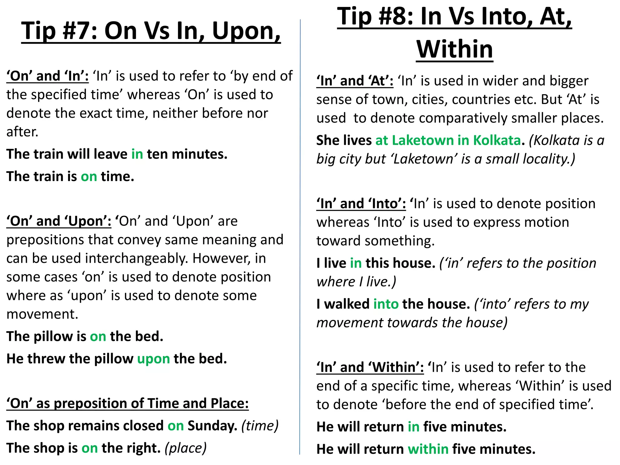 ‘On’ and ‘In’: ‘In’ is used to refer to ‘by end of
the specified time’ whereas ‘On’ is used to
denote the exact time, neither before nor
after.
The train will leave in ten minutes.
The train is on time.
‘On’ and ‘Upon’: ‘On’ and ‘Upon’ are
prepositions that convey same meaning and
can be used interchangeably. However, in
some cases ‘on’ is used to denote position
where as ‘upon’ is used to denote some
movement.
The pillow is on the bed.
He threw the pillow upon the bed.
‘On’ as preposition of Time and Place:
The shop remains closed on Sunday. (time)
The shop is on the right. (place)
Tip #7: On Vs In, Upon,
Tip #8: In Vs Into, At,
Within
‘In’ and ‘At’: ‘In’ is used in wider and bigger
sense of town, cities, countries etc. But ‘At’ is
used to denote comparatively smaller places.
She lives at Laketown in Kolkata. (Kolkata is a
big city but ‘Laketown’ is a small locality.)
‘In’ and ‘Into’: ‘In’ is used to denote position
whereas ‘Into’ is used to express motion
toward something.
I live in this house. (‘in’ refers to the position
where I live.)
I walked into the house. (‘into’ refers to my
movement towards the house)
‘In’ and ‘Within’: ‘In’ is used to refer to the
end of a specific time, whereas ‘Within’ is used
to denote ‘before the end of specified time’.
He will return in five minutes.
He will return within five minutes.
 