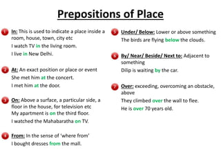 Prepositions of Place
In: This is used to indicate a place inside a
room, house, town, city etc
I watch TV in the living room.
I live in New Delhi.
At: An exact position or place or event
She met him at the concert.
I met him at the door.
On: Above a surface, a particular side, a
floor in the house, for television etc
My apartment is on the third floor.
I watched the Mahabaratha on TV.
From: In the sense of ‘where from’
I bought dresses from the mall.
Under/ Below: Lower or above something
The birds are flying below the clouds.
By/ Near/ Beside/ Next to: Adjacent to
something
Dilip is waiting by the car.
Over: exceeding, overcoming an obstacle,
above
They climbed over the wall to flee.
He is over 70 years old.
 
