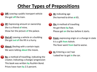 Other Types of Prepositions
Off: Leaving a public transport vehicle
She got off the train.
Of: Expressing amount or ownership
She is a friend of mine.
Show her the picture of the palace.
Out of: Leaving a vehicle or a building
She got out of the lift in a hurry.
About: Dealing with a certain topic
We were talking about the movie.
By: a method of travelling; indicating the
creator; indicating a change/ progression
This book was written by Rushkin Bond.
Prices have risen by 2.5 percent.
At: Indicating age
She learned to drive at 65.
On: A method of travelling
He got there by foot.
Please get on the bus before it starts.
From: expressing origin or a change in state
It is a gift from Ashish.
The fever went from bad to worse.
In: Entering a car/ taxi
I asked her to get in the car.
 