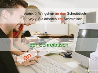 Wohin ? Wir gehen an den Schreibtisch
Wo ? Sie arbeiten am Schreibtisch

der Schreibtisch

n
a

 