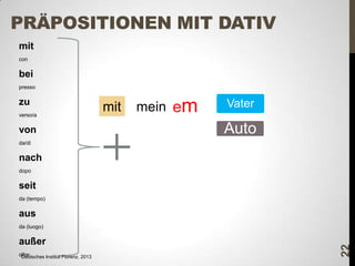 PRÄPOSITIONEN MIT DATIV
mit
con

bei
presso

zu
verso/a

von

mit

mein em

Vater

Auto

da/di

nach
dopo

seit
da (tempo)

aus
außer
oltre
Deutsches Institut Florenz, 2013

22

da (luogo)

 