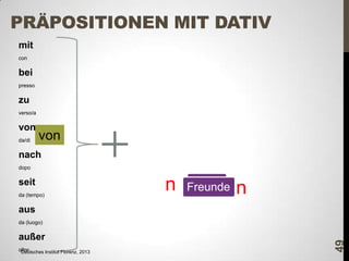 PRÄPOSITIONEN MIT DATIV
mit
con

bei
presso

zu
verso/a

von
da/di

von

nach
dopo

seit
da (tempo)

n

plurale
Freunde

n

aus
außer
oltre
Deutsches Institut Florenz, 2013

49

da (luogo)

 