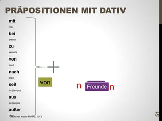 PRÄPOSITIONEN MIT DATIV
mit
con

bei
presso

zu
verso/a

von
da/di

nach
dopo

seit

von

da (tempo)

n

plurale
Freunde

n

aus
außer
oltre
Deutsches Institut Florenz, 2013

51

da (luogo)

 