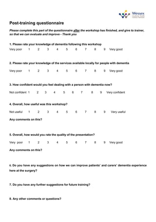 Post-training questionnaire
Please complete this part of the questionnaire after the workshop has finished, and give to trainer,
so that we can evaluate and improve - Thank you
1. Please rate your knowledge of dementia following this workshop
Very poor 1 2 3 4 5 6 7 8 9 Very good
2. Please rate your knowledge of the services available locally for people with dementia
Very poor 1 2 3 4 5 6 7 8 9 Very good
3. How confident would you feel dealing with a person with dementia now?
Not confident 1 2 3 4 5 6 7 8 9 Very confident
4. Overall, how useful was this workshop?
Not useful 1 2 3 4 5 6 7 8 9 Very useful
Any comments on this?
5. Overall, how would you rate the quality of the presentation?
Very poor 1 2 3 4 5 6 7 8 9 Very good
Any comments on this?
6. Do you have any suggestions on how we can improve patients’ and carers’ dementia experience
here at the surgery?
7. Do you have any further suggestions for future training?
8. Any other comments or questions?
 