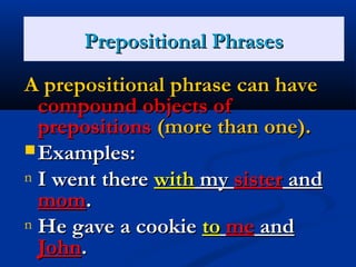 PPrreeppoossiittiioonnss 
PPrreeppoossiittiioonnaall PPhhrraasseess 
AA pprreeppoossiittiioonnaall pphhrraassee ccaann hhaavvee 
ccoommppoouunndd oobbjjeeccttss ooff 
pprreeppoossiittiioonnss ((mmoorree tthhaann oonnee)).. 
EExxaammpplleess:: 
n II wweenntt tthheerree wwiitthh mmyy ssiisstteerr aanndd 
mmoomm.. 
n HHee ggaavvee aa ccooookkiiee ttoo mmee aanndd 
JJoohhnn.. 
 