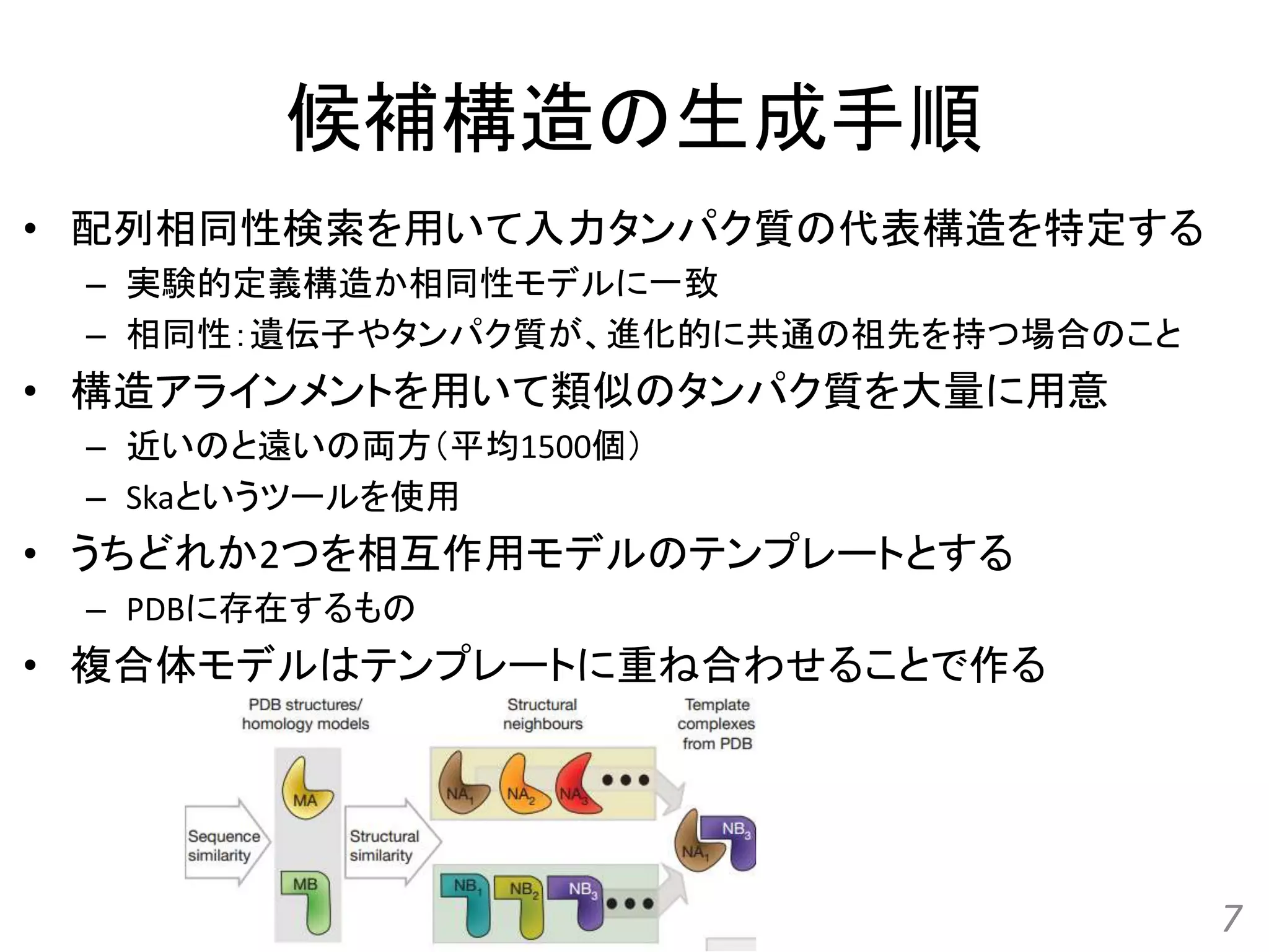 候補構造の生成手順
• 配列相同性検索を用いて入力タンパク質の代表構造を特定する
– 実験的定義構造か相同性モデルに一致
– 相同性：遺伝子やタンパク質が、進化的に共通の祖先を持つ場合のこと
• 構造アラインメントを用いて類似のタンパク質を大量に用意
– 近いのと遠いの両方（平均1500個）
– Skaというツールを使用
• うちどれか2つを相互作用モデルのテンプレートとする
– PDBに存在するもの
• 複合体モデルはテンプレートに重ね合わせることで作る
7
 