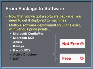 From Package to Software Now that you ’ve got a software package, you need to get it deployed to machines. Multiple software deployment solutions exist, with various price points… Microsoft ConfigMgr  Microsoft SCE  Altiris Kaseya Kace KBOX Active Directory MDT Free   Not Free   