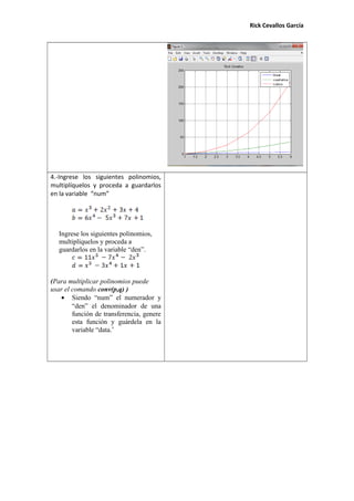 Rick Cevallos García
4.-Ingrese los siguientes polinomios,
multiplíquelos y proceda a guardarlos
en la variable “num”
Ingrese los siguientes polinomios,
multiplíquelos y proceda a
guardarlos en la variable “den”.
(Para multiplicar polinomios puede
usar el comando conv(p,q) )
• Siendo “num” el numerador y
“den” el denominador de una
función de transferencia, genere
esta función y guárdela en la
variable “data.”
 