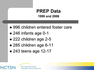 PREP Data 
1999 and 2006 
 996 children entered foster care 
 246 infants age 0-1 
 222 children age 2-5 
 285 children age 6-11 
 243 teens age 12-17 
 