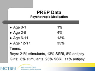 PREP Data 
Psychotropic Medication 
 Age 0-1 1% 
 Age 2-5 4% 
 Age 6-11 13% 
 Age 12-17 35% 
Teens: 
Boys: 21% stimulants, 13% SSRI, 8% antipsy 
Girls: 8% stimulants, 23% SSRI, 11% antipsy 
 