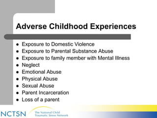 Adverse Childhood Experiences 
 Exposure to Domestic Violence 
 Exposure to Parental Substance Abuse 
 Exposure to family member with Mental Illness 
 Neglect 
 Emotional Abuse 
 Physical Abuse 
 Sexual Abuse 
 Parent Incarceration 
 Loss of a parent 
 