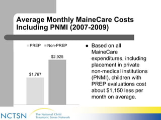 Average Monthly MaineCare Costs 
Including PNMI (2007-2009) 
PREP Non-PREP  Based on all 
$1,767 
$2,925 
MaineCare 
expenditures, including 
placement in private 
non-medical institutions 
(PNMI), children with 
PREP evaluations cost 
about $1,150 less per 
month on average. 
 