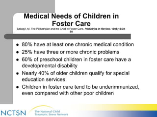 Medical Needs of Children in 
Foster Care 
Szilagyi, M. The Pediatrician and the Child in Foster Care, Pediatrics in Review. 1998;19:39- 
50 
 80% have at least one chronic medical condition 
 25% have three or more chronic problems 
 60% of preschool children in foster care have a 
developmental disability 
 Nearly 40% of older children qualify for special 
education services 
 Children in foster care tend to be underimmunized, 
even compared with other poor children 
 