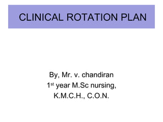 By, Mr. v. chandiran
1st
year M.Sc nursing,
K.M.C.H., C.O.N.
CLINICAL ROTATION PLAN
 