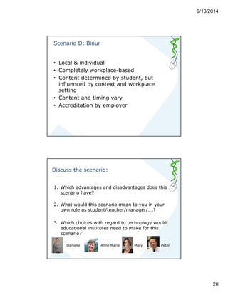 9/10/2014 
20 
Scenario D: Binur 
• Local & individual 
• Completely workplace-based 
• Content determined by student, but 
influenced by context and workplace 
setting 
• Content and timing vary 
• Accreditation by employer 
Discuss the scenario: 
1. Which advantages and disadvantages does this 
scenario have? 
2. What would this scenario mean to you in your 
own role as student/teacher/manager/….? 
3. Which choices with regard to technology would 
educational institutes need to make for this 
scenario? 
4. Danielle Anne Marie Mary Peter 
 