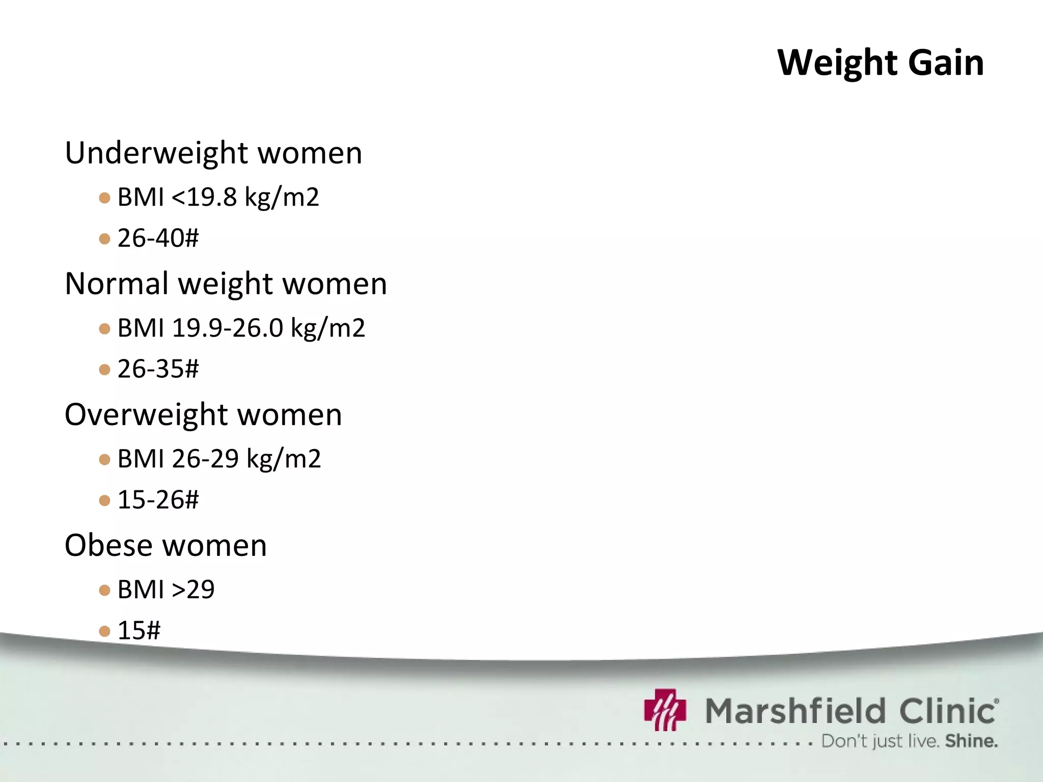 Weight Gain Underweight women BMI <19.8 kg/m2 26-40# Normal weight women BMI 19.9-26.0 kg/m2 26-35# Overweight women BMI 26-29 kg/m2 15-26# Obese women BMI >29 15# 
