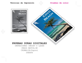 Técnicas de Impresión
PRUEBAS DURAS DIGITALES
IMPRESIONES INKJET O LASER
PRESS MATCH:3M
CROMALIN:Dupont
SHERPA
Pruebas de color
 