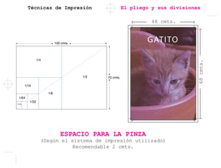 Técnicas de Impresión El pliego y sus divisiones
ESPACIO PARA LA PINZA
(Según el sistema de impresión utilizado)
Recomendable 2 cmts.
GATITO
48 cmts.
68cmts.
 