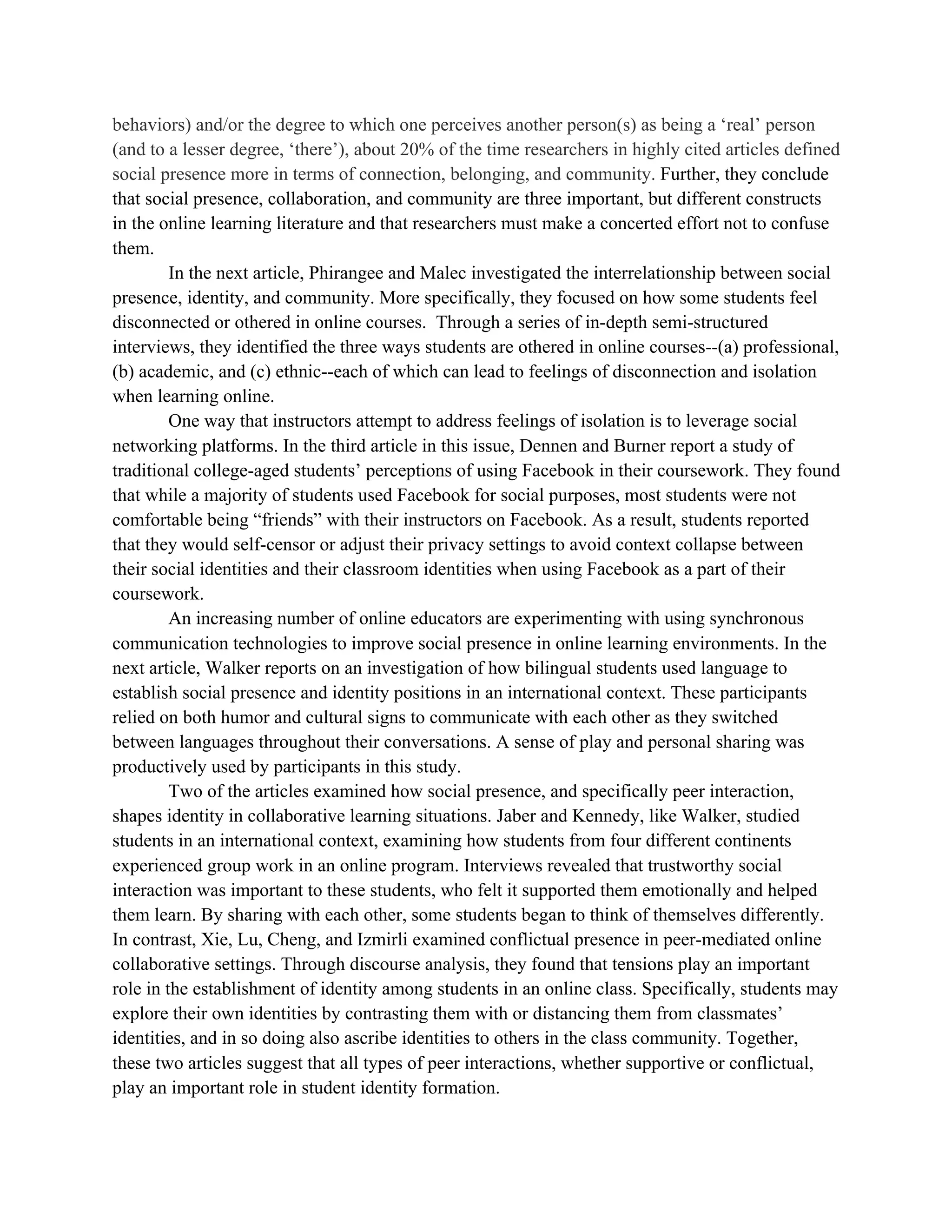 Social Presence, Identity and Online Learning | PDF