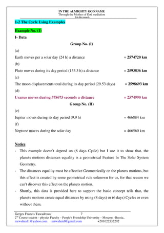 IN THE ALMIGHTY GOD NAME
Through the Mother of God mediation
I do this research
Gerges Francis Tawadrous/
2nd
Course student – physics Faculty – People's Friendship University – Moscow –Russia..
mrwaheid1@yahoo.com mrwaheid@gmail.com +201022532292
7
1-2 The Cycle Using Examples
Example No. (1)
I- Data
Group No. (I)
(a)
Earth moves per a solar day (24 h) a distance = 2574720 km
(b)
Pluto moves during its day period (153.3 h) a distance = 2593836 km
(c)
The moon displacements total during its day period (29.53 days) = 2598693 km
(d)
Uranus moves during 378675 seconds a distance = 2574990 km
Group No. (II)
(e)
Jupiter moves during its day period (9.9 h) = 466884 km
(f)
Neptune moves during the solar day = 466560 km
Notice
- This example doesn't depend on (8 days Cycle) but I use it to show that, the
planets motions distances equality is a geometrical Feature In The Solar System
Geometry.
- The distances equality must be effective Geometrically on the planets motions, but
this effect is created by some geometrical rule unknown for us, for that reason we
can't discover this effect on the planets motion.
- Shortly, this data is provided here to support the basic concept tells that, the
planets motions create equal distances by using (8 days) or (6 days) Cycles or even
without them.
 