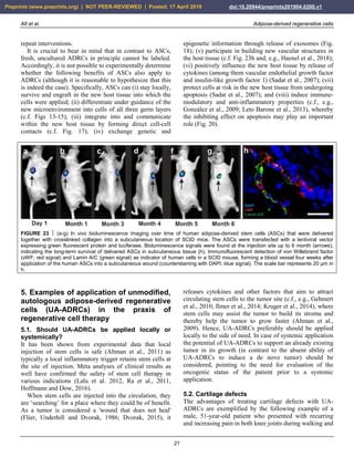 Alt et al. Adipose-derived regenerative cells
21
repeat interventions.
It is crucial to bear in mind that in contrast to ASCs,
fresh, uncultured ADRCs in principle cannot be labeled.
Accordingly, it is not possible to experimentally determine
whether the following benefits of ASCs also apply to
ADRCs (although it is reasonable to hypothesize that this
is indeed the case). Specifically, ASCs can (i) stay locally,
survive and engraft in the new host tissue into which the
cells were applied; (ii) differentiate under guidance of the
new microenvironment into cells of all three germ layers
(c.f. Figs 13-15); (iii) integrate into and communicate
within the new host tissue by forming direct cell-cell
contacts (c.f. Fig. 17); (iv) exchange genetic and
epigenetic information through release of exosomes (Fig.
18); (v) participate in building new vascular structures in
the host tissue (c.f. Fig. 23h and, e.g., Haenel et al., 2018);
(vi) positively influence the new host tissue by release of
cytokines (among them vascular endothelial growth factor
and insulin-like growth factor 1) (Sadat et al., 2007); (vii)
protect cells at risk in the new host tissue from undergoing
apoptosis (Sadat et al., 2007); and (viii) induce immune-
modulatory and anti-inflammatory properties (c.f., e.g.,
González et al., 2009; Leto Barone et al., 2013), whereby
the inhibiting effect on apoptosis may play an important
role (Fig. 20).
FIGURE 23  (a-g) In vivo bioluminescence imaging over time of human adipose-derived stem cells (ASCs) that were delivered
together with crosslinked collagen into a subcutaneous location of SCID mice. The ASCs were transfected with a lentiviral vector
expressing green fluorescent protein and luciferase. Bioluminescence signals were found at the injection site up to 6 month (arrows),
indicating the long-term survival of delivered ASCs in subcutaneous tissue (h). Immunofluorescent detection of von Willebrand factor
(vWF; red signal) and Lamin A/C (green signal) as indicator of human cells in a SCID mouse, forming a blood vessel four weeks after
application of the human ASCs into a subcutaneous wound (counterstaining with DAPI; blue signal). The scale bar represents 20 µm in
h.
5. Examples of application of unmodified,
autologous adipose-derived regenerative
cells (UA-ADRCs) in the praxis of
regenerative cell therapy
5.1. Should UA-ADRCs be applied locally or
systemically?
It has been shown from experimental data that local
injection of stem cells is safe (Altman et al., 2011) as
typically a local inflammatory trigger retains stem cells at
the site of injection. Meta analyses of clinical results as
well have confirmed the safety of stem cell therapy in
various indications (Lalu et al. 2012, Ra et al., 2011,
Hoffmann and Dow, 2016).
When stem cells are injected into the circulation, they
are ‘searching’ for a place where they could be of benefit.
As a tumor is considered a 'wound that does not heal'
(Flier, Underhill and Dvorak, 1986; Dvorak, 2015), it
releases cytokines and other factors that aim to attract
circulating stem cells to the tumor site (c.f., e.g., Gehmert
et al., 2010; Ilmer et al., 2014; Kruger et al., 2014), where
stem cells may assist the tumor to build its stroma and
thereby help the tumor to grow faster (Altman et al.,
2009). Hence, UA-ADRCs preferably should be applied
locally to the side of need. In case of systemic application
the potential of UA-ADRCs to support an already existing
tumor in its growth (in contrast to the absent ability of
UA-ADRCs to induce a de novo tumor) should be
considered, pointing to the need for evaluation of the
oncogenic status of the patient prior to a systemic
application.
5.2. Cartilage defects
The advantages of treating cartilage defects with UA-
ADRCs are exemplified by the following example of a
male, 51-year-old patient who presented with recurring
and increasing pain in both knee joints during walking and
Preprints (www.preprints.org) | NOT PEER-REVIEWED | Posted: 17 April 2019 doi:10.20944/preprints201904.0200.v1
 