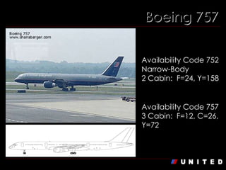Boeing 757 Boeing 757-200 Availability Code 752  Narrow-Body  2 Cabin:  F=24, Y=158 Boeing 757-200  Availability Code 757 3 Cabin:  F=12, C=26, Y=72 