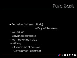 Fare Basis X2XXXXXX – 2nd  Position:  Special restrictions such as day of the week, or season indicator. E  –   Excursion (min/max likely) H/L  | W/F | B/S | P/O  – Day of the week R  – Round trip A  – Advance purchase 1  – Must be on non-stop M  – Military CA  – Government contract DB  – Government contract 