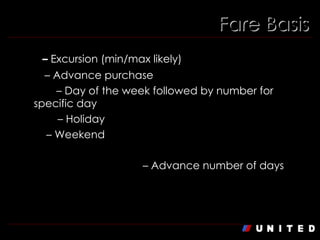 Fare Basis E  –   Excursion (min/max likely) A  – Advance purchase D/X  – Day of the week followed by number for specific day HOL  – Holiday W  – Weekend 0/1/3/7/10/14/21/30  – Advance number of days 