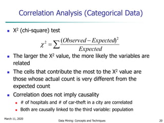 March 11, 2020
Data Mining: Concepts and Techniques 20
Correlation Analysis (Categorical Data)
 Χ2 (chi-square) test
 The larger the Χ2 value, the more likely the variables are
related
 The cells that contribute the most to the Χ2 value are
those whose actual count is very different from the
expected count
 Correlation does not imply causality
 # of hospitals and # of car-theft in a city are correlated
 Both are causally linked to the third variable: population



Expected
ExpectedObserved 2
2 )(

 