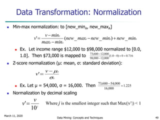 March 11, 2020
Data Mining: Concepts and Techniques 49
Data Transformation: Normalization
 Min-max normalization: to [new_minA, new_maxA]
 Ex. Let income range $12,000 to $98,000 normalized to [0.0,
1.0]. Then $73,000 is mapped to
 Z-score normalization (μ: mean, σ: standard deviation):
 Ex. Let μ = 54,000, σ = 16,000. Then
 Normalization by decimal scaling
716.00)00.1(
000,12000,98
000,12600,73



AAA
AA
A
minnewminnewmaxnew
minmax
minv
v _)__(' 



A
Av
v


'
j
v
v
10
' Where j is the smallest integer such that Max(|ν’|) < 1
225.1
000,16
000,54600,73


 