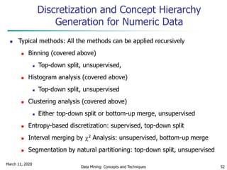 March 11, 2020
Data Mining: Concepts and Techniques 52
Discretization and Concept Hierarchy
Generation for Numeric Data
 Typical methods: All the methods can be applied recursively
 Binning (covered above)
 Top-down split, unsupervised,
 Histogram analysis (covered above)
 Top-down split, unsupervised
 Clustering analysis (covered above)
 Either top-down split or bottom-up merge, unsupervised
 Entropy-based discretization: supervised, top-down split
 Interval merging by 2 Analysis: unsupervised, bottom-up merge
 Segmentation by natural partitioning: top-down split, unsupervised
 