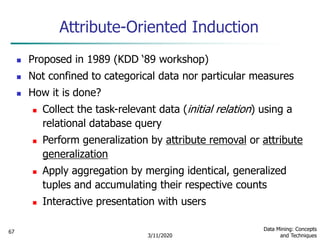 3/11/2020
Data Mining: Concepts
and Techniques
67
Attribute-Oriented Induction
 Proposed in 1989 (KDD ‘89 workshop)
 Not confined to categorical data nor particular measures
 How it is done?
 Collect the task-relevant data (initial relation) using a
relational database query
 Perform generalization by attribute removal or attribute
generalization
 Apply aggregation by merging identical, generalized
tuples and accumulating their respective counts
 Interactive presentation with users
 