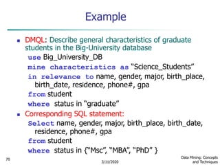 3/11/2020
Data Mining: Concepts
and Techniques
70
Example
 DMQL: Describe general characteristics of graduate
students in the Big-University database
use Big_University_DB
mine characteristics as “Science_Students”
in relevance to name, gender, major, birth_place,
birth_date, residence, phone#, gpa
from student
where status in “graduate”
 Corresponding SQL statement:
Select name, gender, major, birth_place, birth_date,
residence, phone#, gpa
from student
where status in {“Msc”, “MBA”, “PhD” }
 
