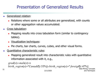 3/11/2020
Data Mining: Concepts
and Techniques
72
Presentation of Generalized Results
 Generalized relation:
 Relations where some or all attributes are generalized, with counts
or other aggregation values accumulated.
 Cross tabulation:
 Mapping results into cross tabulation form (similar to contingency
tables).
 Visualization techniques:
 Pie charts, bar charts, curves, cubes, and other visual forms.
 Quantitative characteristic rules:
 Mapping generalized result into characteristic rules with quantitative
information associated with it, e.g.,
.%]47:["")(_%]53:["")(_
)()(
tforeignxregionbirthtCanadaxregionbirth
xmalexgrad


 