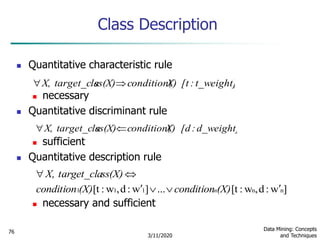 3/11/2020
Data Mining: Concepts
and Techniques
76
Class Description
 Quantitative characteristic rule
 necessary
 Quantitative discriminant rule
 sufficient
 Quantitative description rule
 necessary and sufficient
]w:d,w:[t...]w:d,w:[t nn111 

(X)condition(X)condition
ss(X)target_claX,
n
d_weight]:[dX)condition(ss(X)target_claX, 
t_weight]:[tX)condition(ss(X)target_claX, 
 