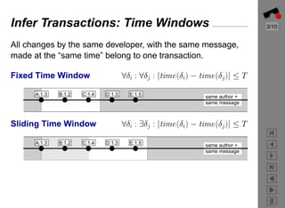 Infer Transactions: Time Windows                                    3/10


All changes by the same developer, with the same message,
made at the “same time” belong to one transaction.

                           ∀δi : ∀δj : |time(δi) − time(δj )| ≤ T
Fixed Time Window




                           ∀δi : ∃δj : |time(δi) − time(δj )| ≤ T
Sliding Time Window