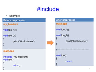 #include
• Example
– Before preprocess
– After preprocess
After preprocess
math.cpp
void foo_1();
void foo_2()
{
printf(“#include me“);
}
// ---------------------------------------
void foo()
{
return;
}
Before preprocess
my_header.h
void foo_1();
void foo_2()
{
printf(“#include me“);
}
math.cpp
#include "my_header.h“
void foo()
{
return;
} 5
 