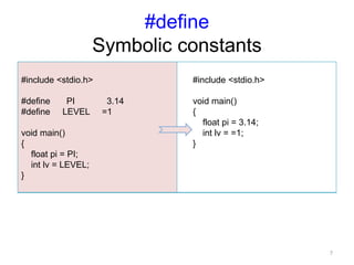 #define
Symbolic constants
#include <stdio.h>
#define PI 3.14
#define LEVEL =1
void main()
{
float pi = PI;
int lv = LEVEL;
}
#include <stdio.h>
void main()
{
float pi = 3.14;
int lv = =1;
}
7
 