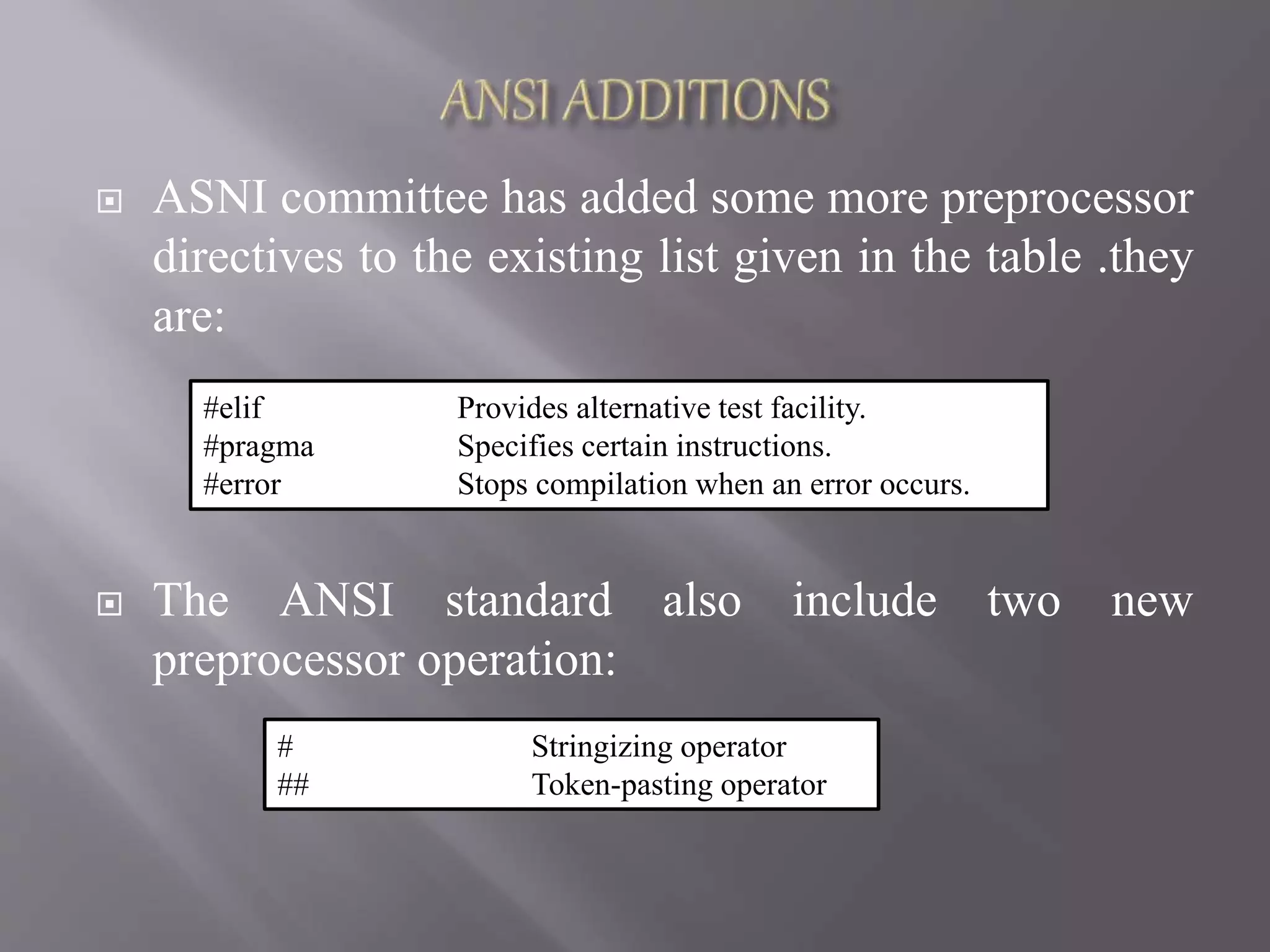  ASNI committee has added some more preprocessor
directives to the existing list given in the table .they
are:
 The ANSI standard also include two new
preprocessor operation:
#elif Provides alternative test facility.
#pragma Specifies certain instructions.
#error Stops compilation when an error occurs.
# Stringizing operator
## Token-pasting operator
 