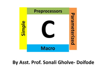 C
Preprocessors
Macro
Simple
Parameterized
By Asst. Prof. Sonali Gholve- Doifode
 