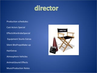 Production schedules:
Cast Actors Special
EffectsWardrobeSpecial
Equipment Stunts Extras
Silent BitsPropsMake-up
HairExtras
Atmosphere Vehicles
AnimalsSound Effects
MusicProduction Notes
 
