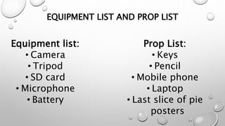 EQUIPMENT LIST AND PROP LIST
Equipment list:
• Camera
• Tripod
• SD card
• Microphone
• Battery
Prop List:
• Keys
• Pencil
• Mobile phone
• Laptop
• Last slice of pie
posters
 