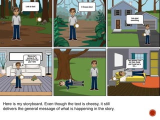 Here is my storyboard. Even though the text is cheesy, it still
delivers the general message of what is happening in the story.
 