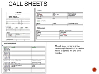 My call sheet contains all the
necessary information if someone
needs to contact me or a crew
member
 