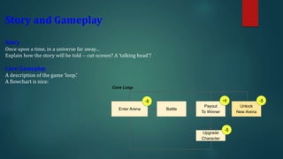 Story and Gameplay
Story
Once upon a time, in a universe far away…
Explain how the story will be told -- cut-scenes? A ‘talking head’?
Core Gameplay
A description of the game ‘loop.’
A flowchart is nice:
Upgrade
Character
Core Loop
-$
Enter Arena Battle
Payout
To Winner
-$ +$
Unlock
New Arena
-$
 